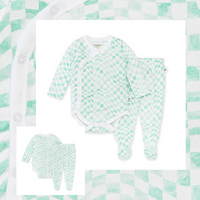 Wavy Check Wrap Bodysuit & Footed Pant Set - Mint