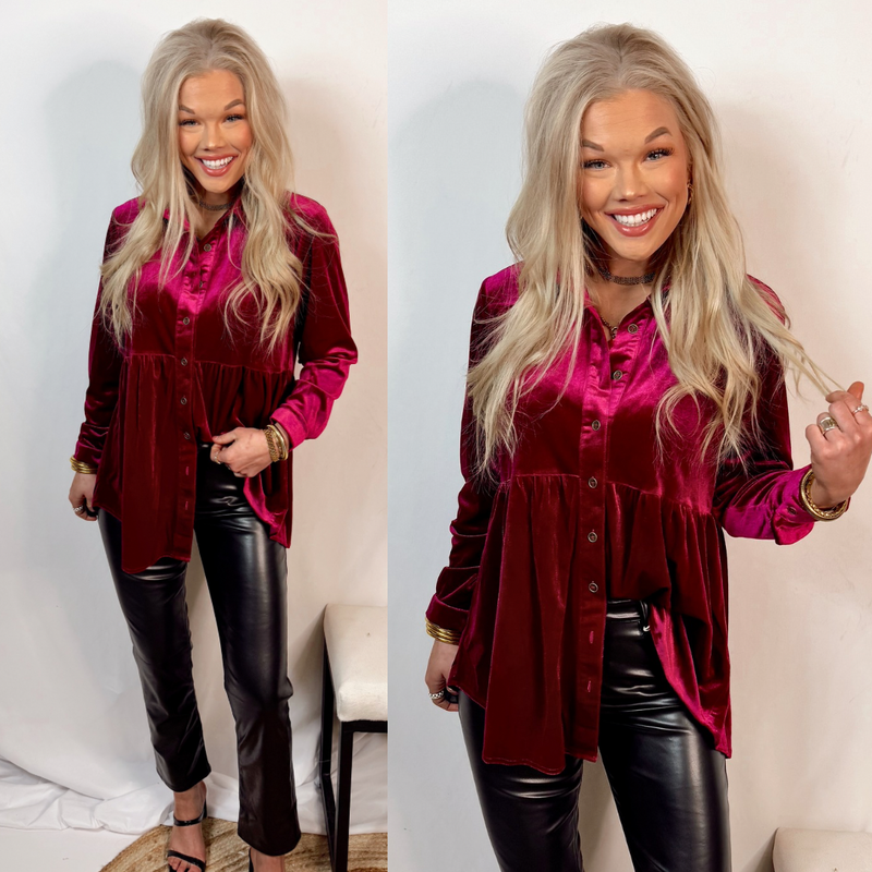 Warm Embrace Velvet Button Down Tunic - Ruby