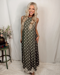Pretty in Polka Printed Halter Neck Maxi Dress w/ Lace Trim - Olive
