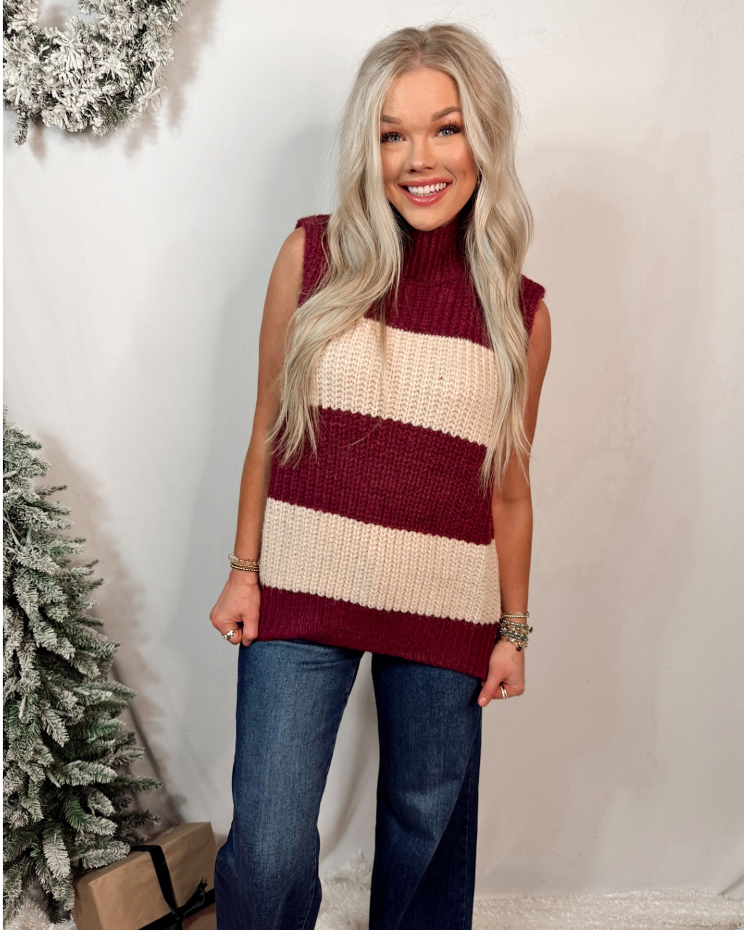 Mulled Merlot Striped Knit Sweater Vest / Top - Burgundy