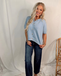Sweet Escape Short Sleeve Knit Button Up Cardigan / Top in Light Blue
