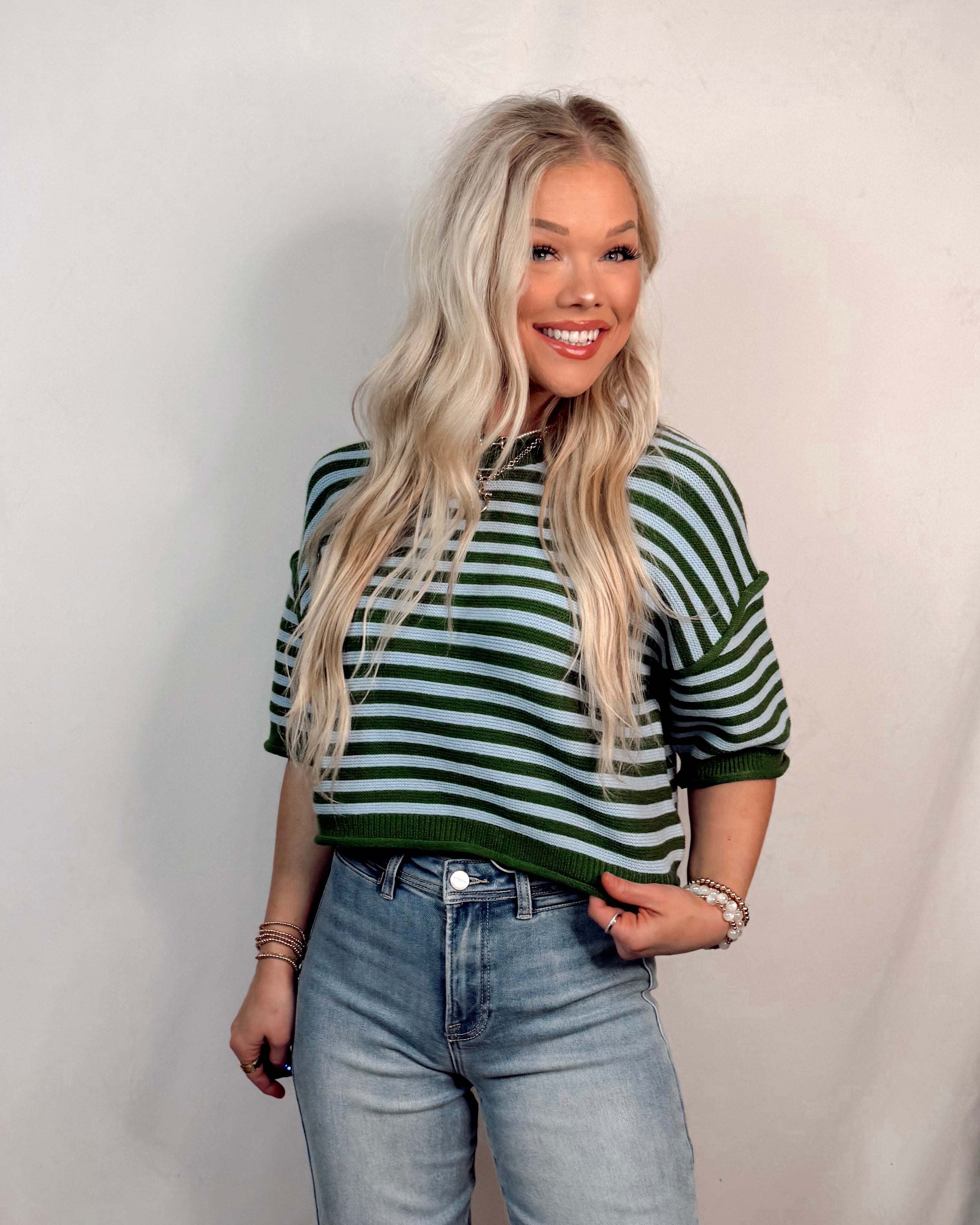 Fairway Striped Short Sleeve Knit Top - Green