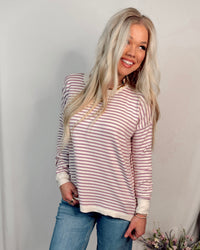 Lavender Latte Crew Neck Striped Knit Sweater