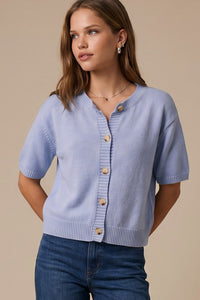 Sweet Escape Short Sleeve Knit Button Up Cardigan / Top in Light Blue