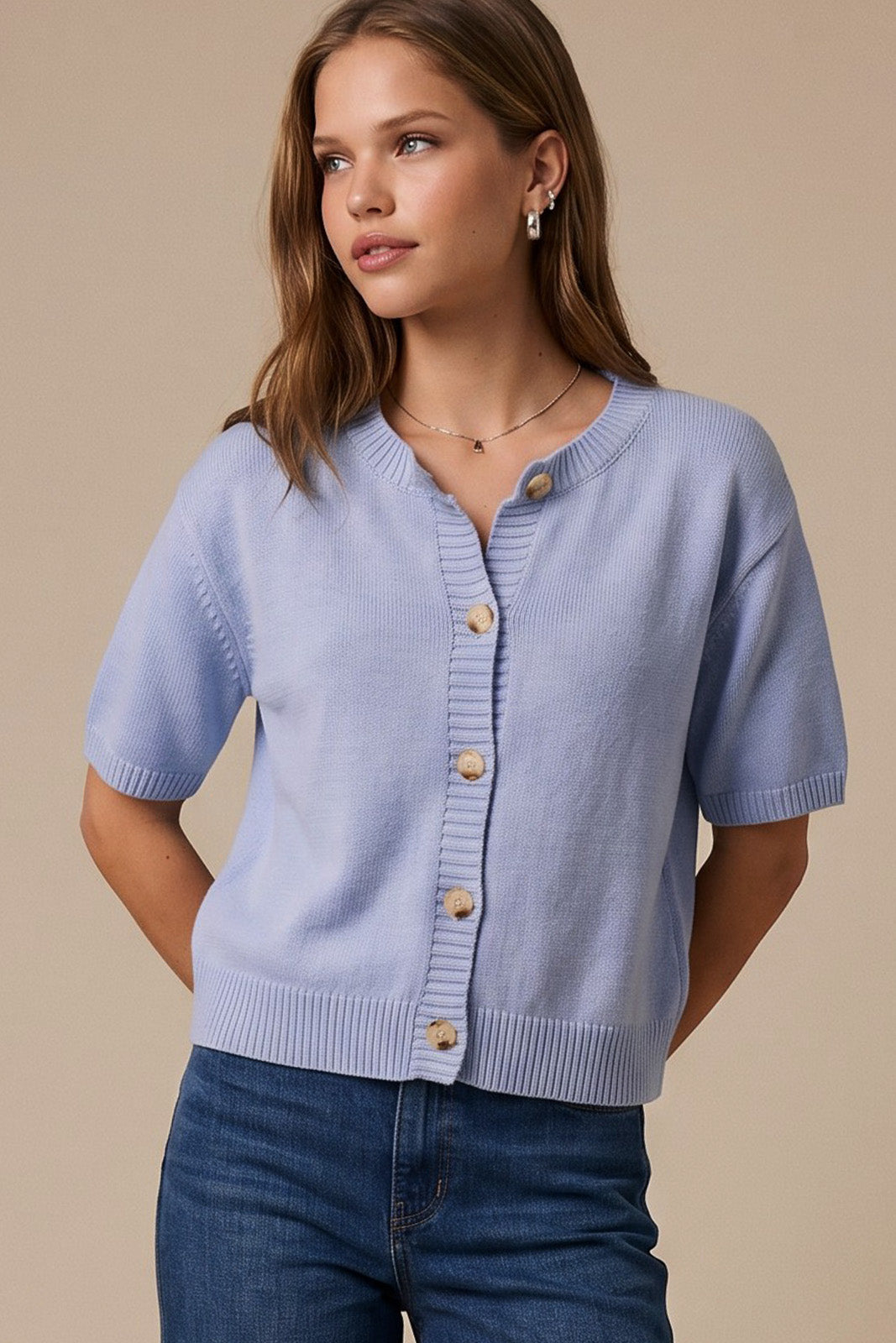 Sweet Escape Short Sleeve Knit Button Up Cardigan / Top in Light Blue