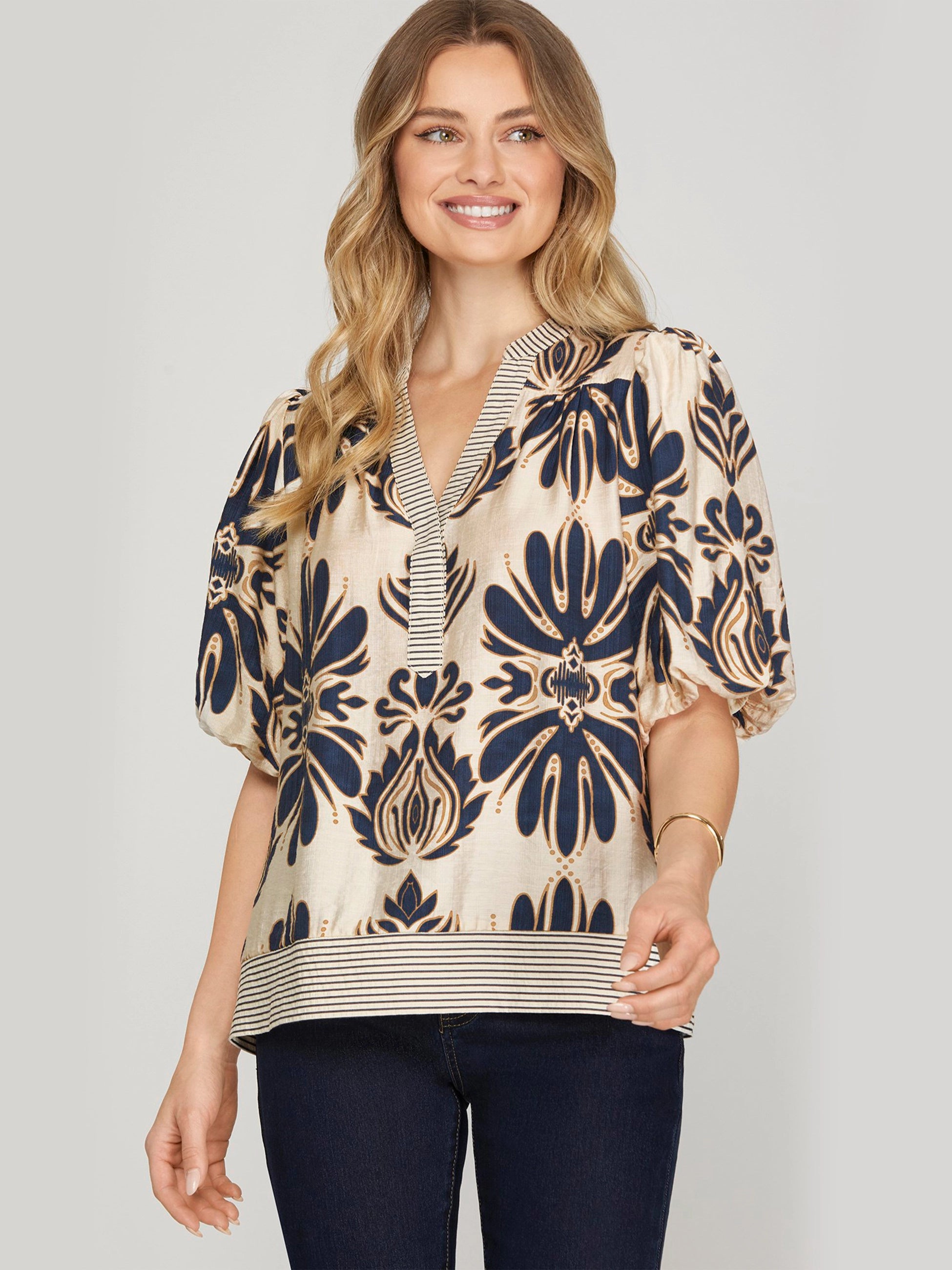 Polished Petals Floral Printed Bubble Sleeve Top - Navy
