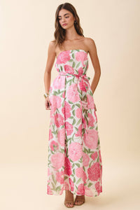 Rose Garden Party Floral Strapless Dress with Scarf
