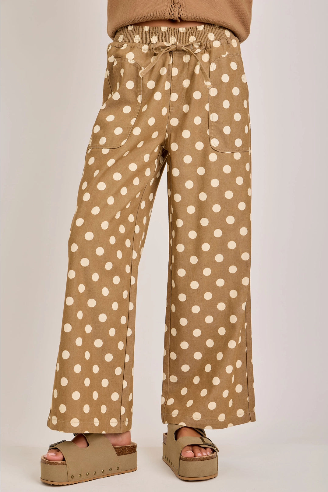 Relaxed Wide Leg Polka Dot Drawstring Pants