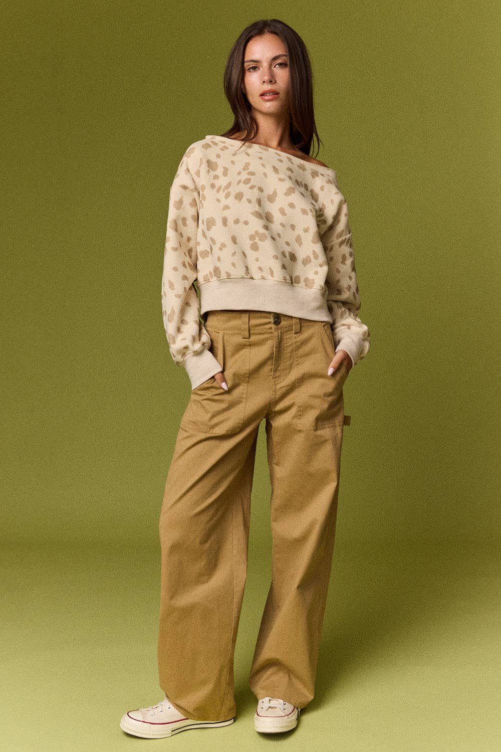 Speckled Spice Spotted Print Off The Shoulder Sweatshirt / Top
