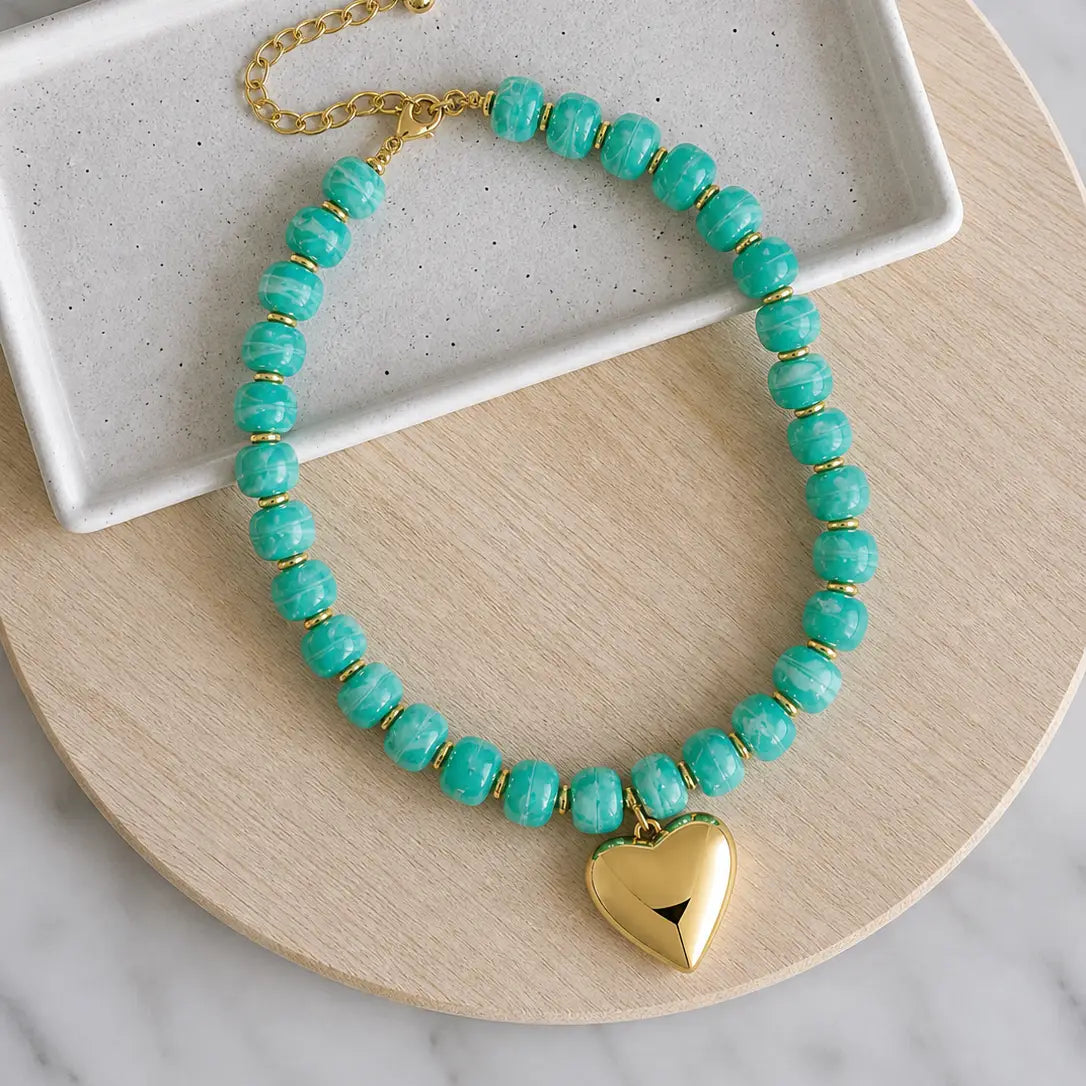 Teal Resin Oval Beaded Necklace with Gold Puffed Heart Necklace