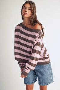 Luxe Chocolate Blush Striped Boat Neck Knit Sweater Blouse