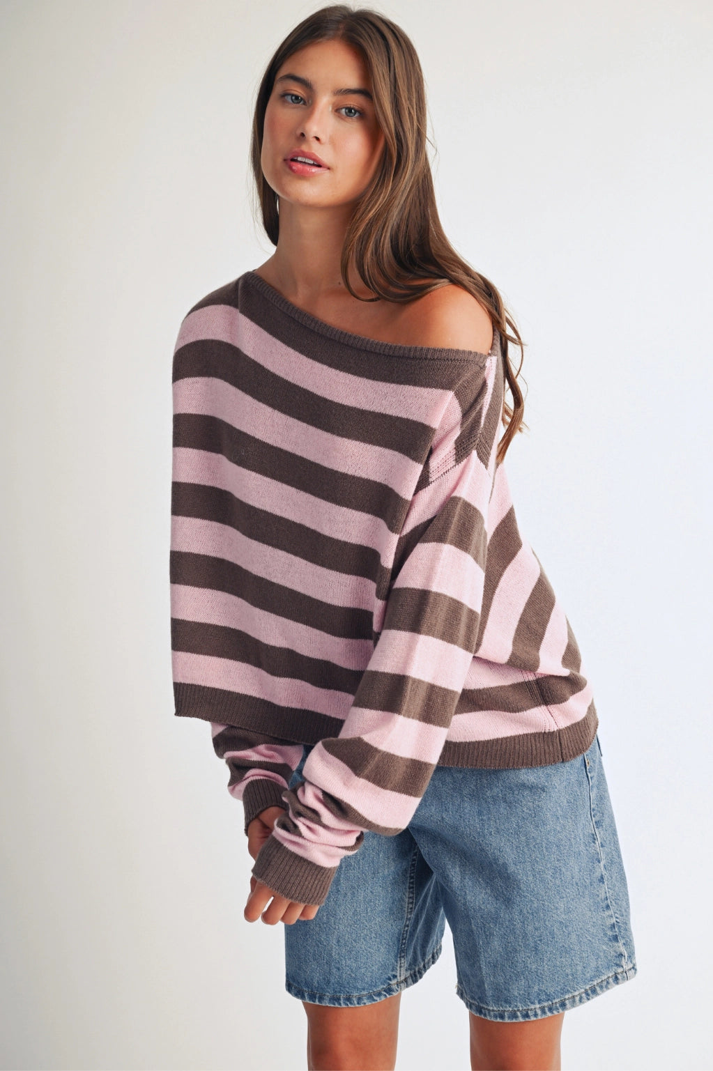 Luxe Chocolate Blush Striped Boat Neck Knit Sweater Blouse