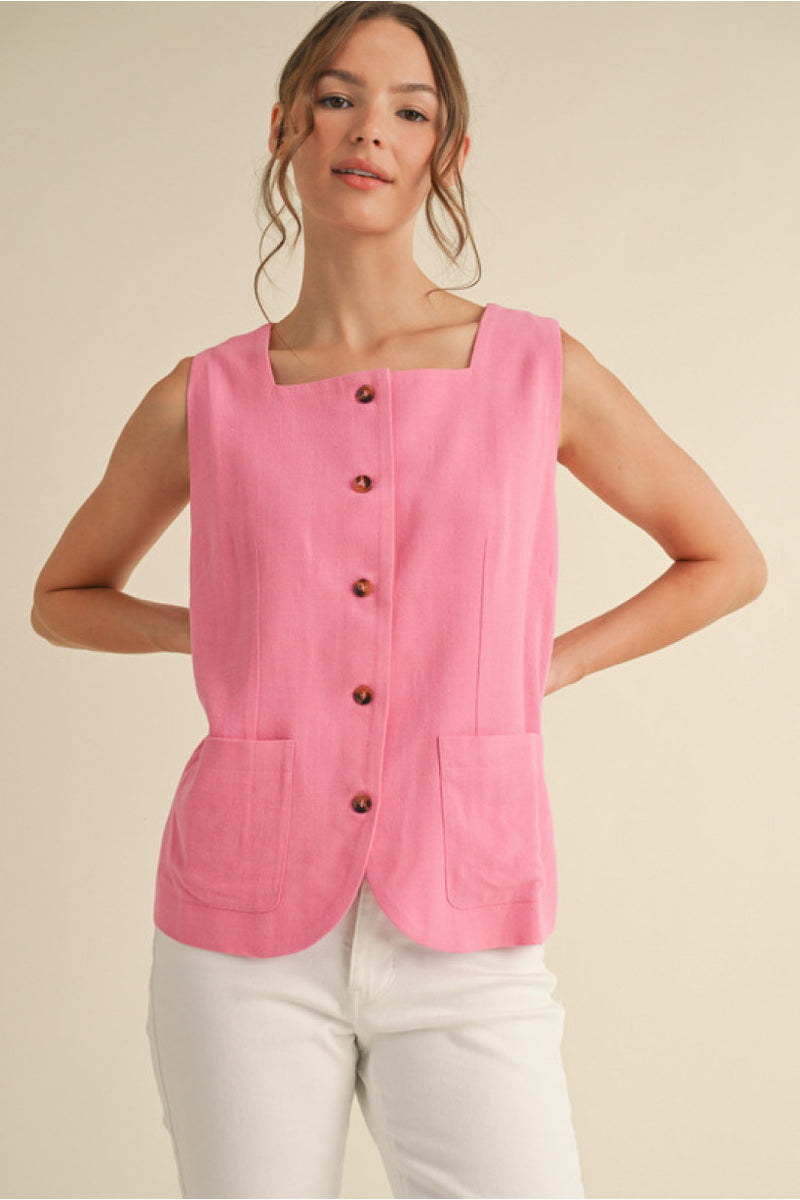 Love Potion Linen Square Neck Vest - Pink