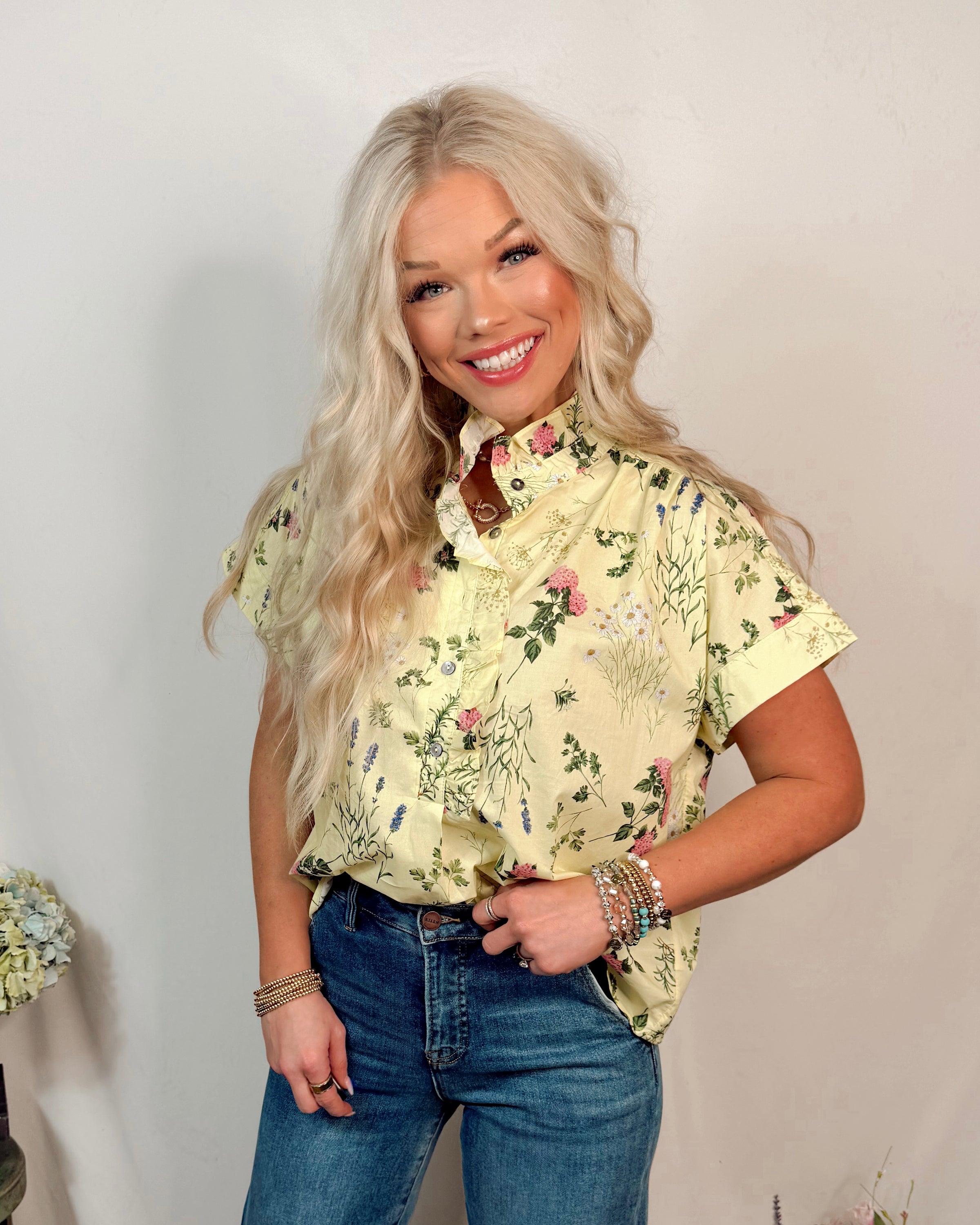 Sunny Side Floral Printed Ruffle Top - Lemon