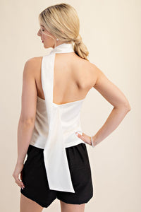 Charleston Chic Satin Straight Neckline Scarf Blouse - Ivory