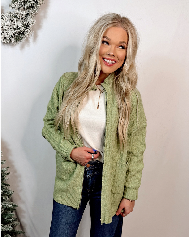 Serene In Sage Cable Knit Zip Up Jacket