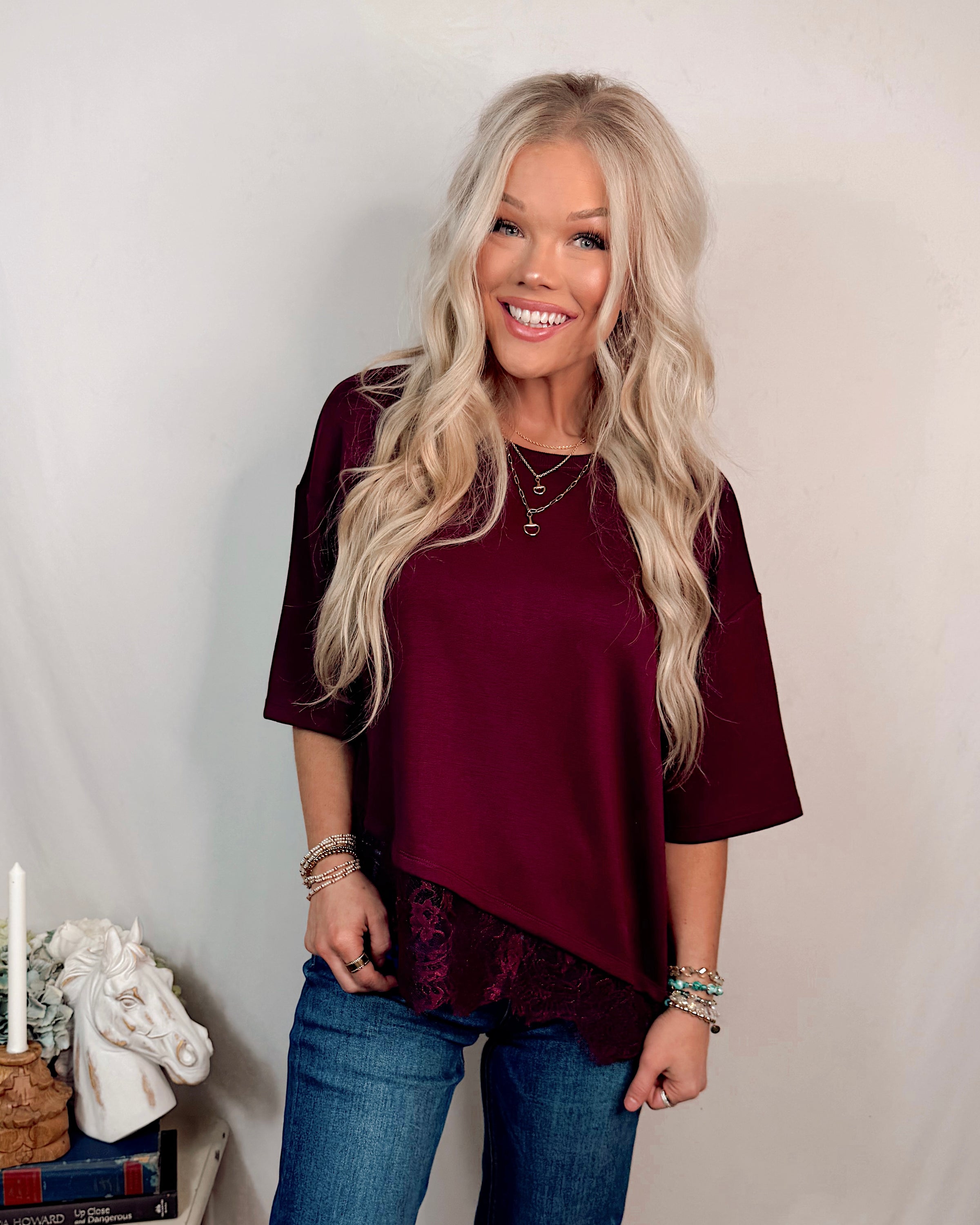 Legacy & Lace Scallop Detailed Blouse in Maroon