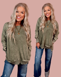 Above Average Acid Wash Hi-Low Pullover Sweater - Light Olive