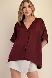 Sultry Satin Staple V-Neck Top - Burgundy