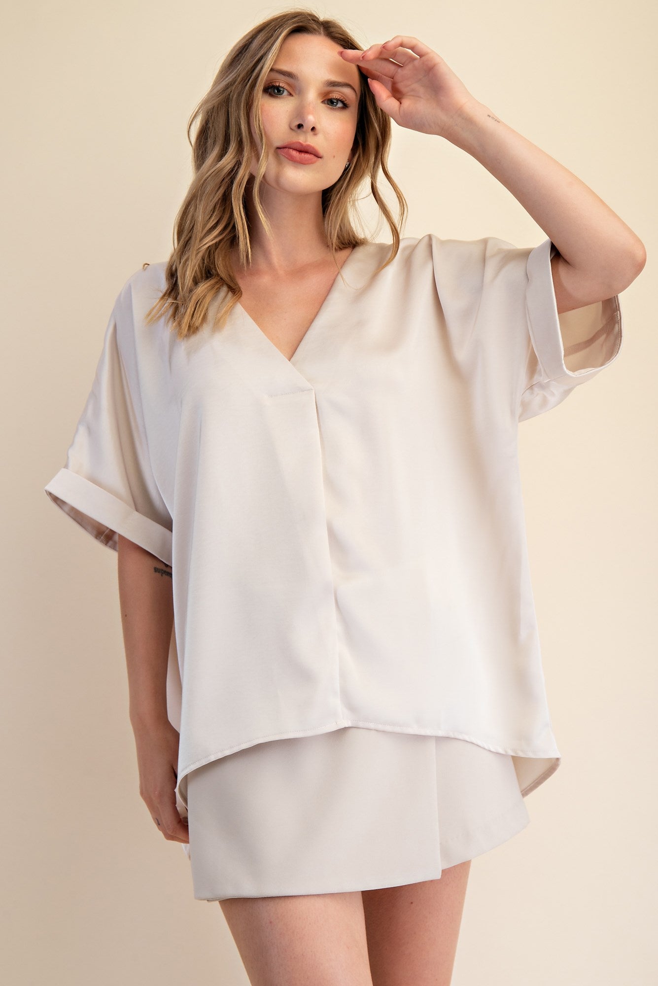 Sultry Satin Staple V-Neck Top - Cream