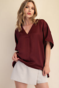 Sultry Satin Staple V-Neck Top - Burgundy