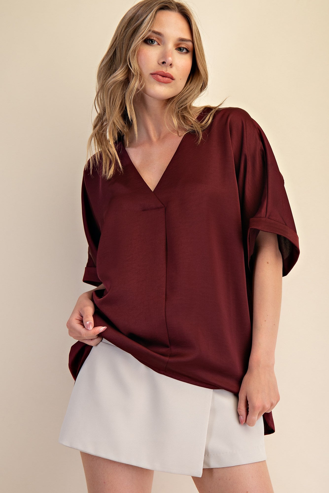 Sultry Satin Staple V-Neck Top - Burgundy