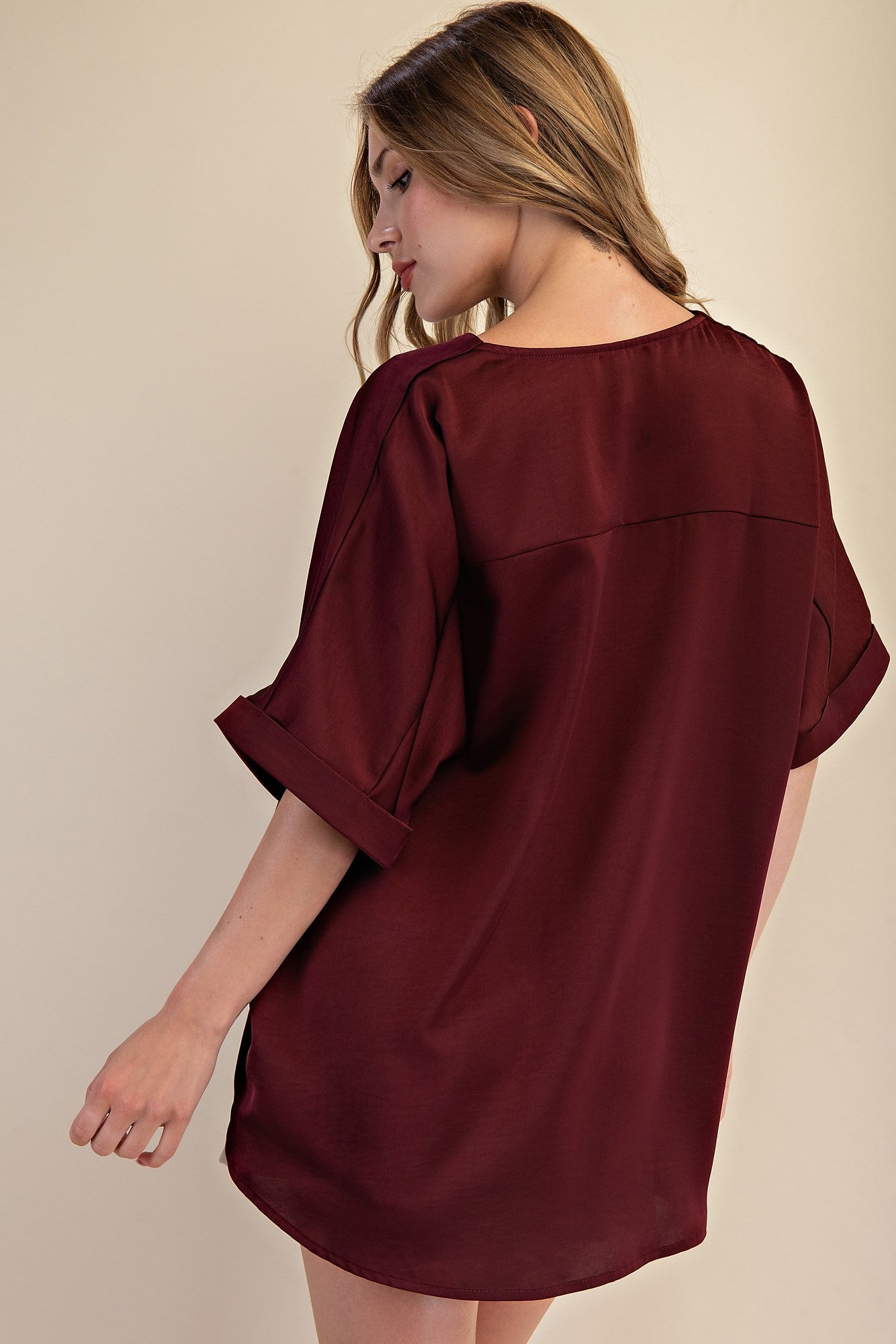 Sultry Satin Staple V-Neck Top - Burgundy