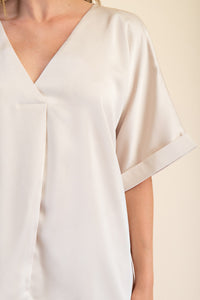 Sultry Satin Staple V-Neck Top - Cream