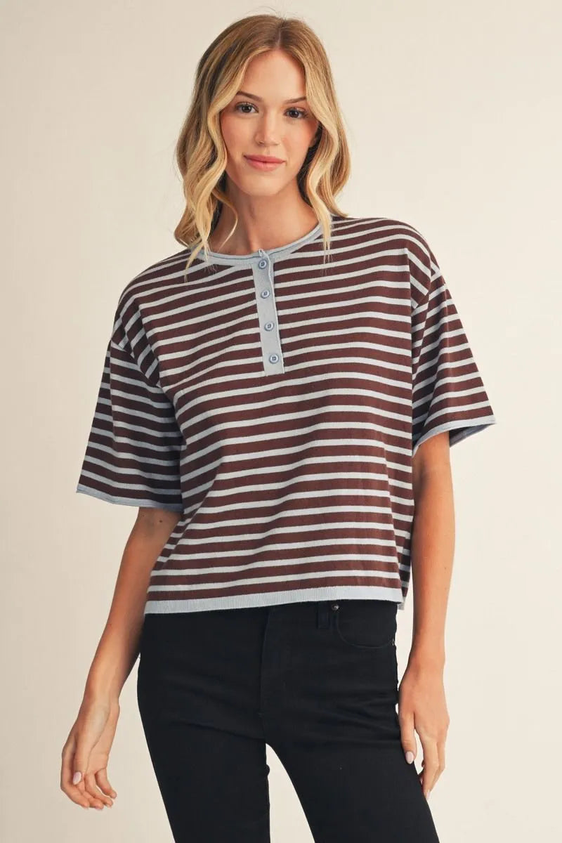 Simply Said Striped Knit Short Sleeve Sweater - Brown/Blue Mix