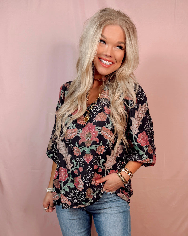 Moonlit Florals Printed Top - Black