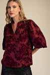 Velvet Vines V-Neck Floral Puff Sleeve Blouse - Wine