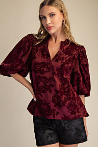 Velvet Vines V-Neck Floral Puff Sleeve Blouse - Wine