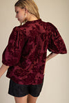 Velvet Vines V-Neck Floral Puff Sleeve Blouse - Wine
