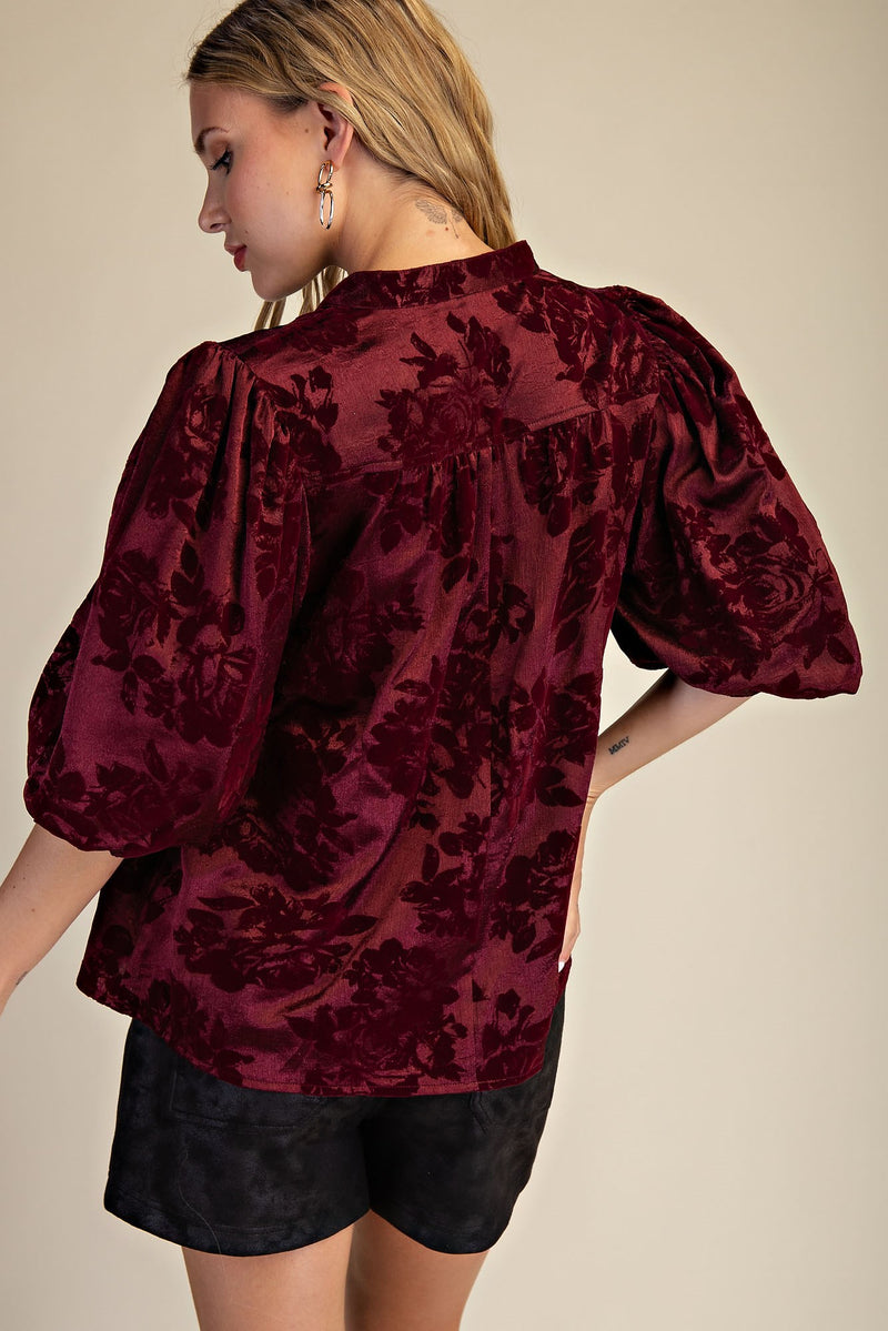 Velvet Vines V-Neck Floral Puff Sleeve Blouse - Wine