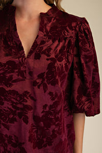 Velvet Vines V-Neck Floral Puff Sleeve Blouse - Wine