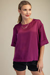 Merlot After Midnight Satin Cuff Sleeve Blouse - Plum