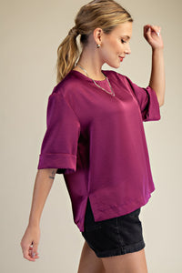 Merlot After Midnight Satin Cuff Sleeve Blouse - Plum
