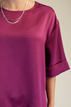 Merlot After Midnight Satin Cuff Sleeve Blouse - Plum