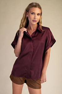 High Class Collared Satin Button Up Blouse - Burgundy