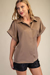 High Class Collared Satin Button Up Blouse - Mocha
