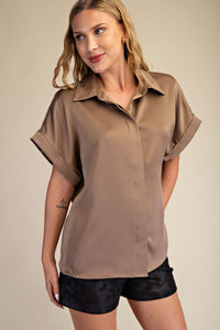 High Class Collared Satin Button Up Blouse - Mocha