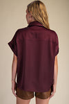 High Class Collared Satin Button Up Blouse - Burgundy
