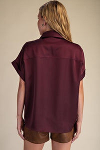 High Class Collared Satin Button Up Blouse - Burgundy