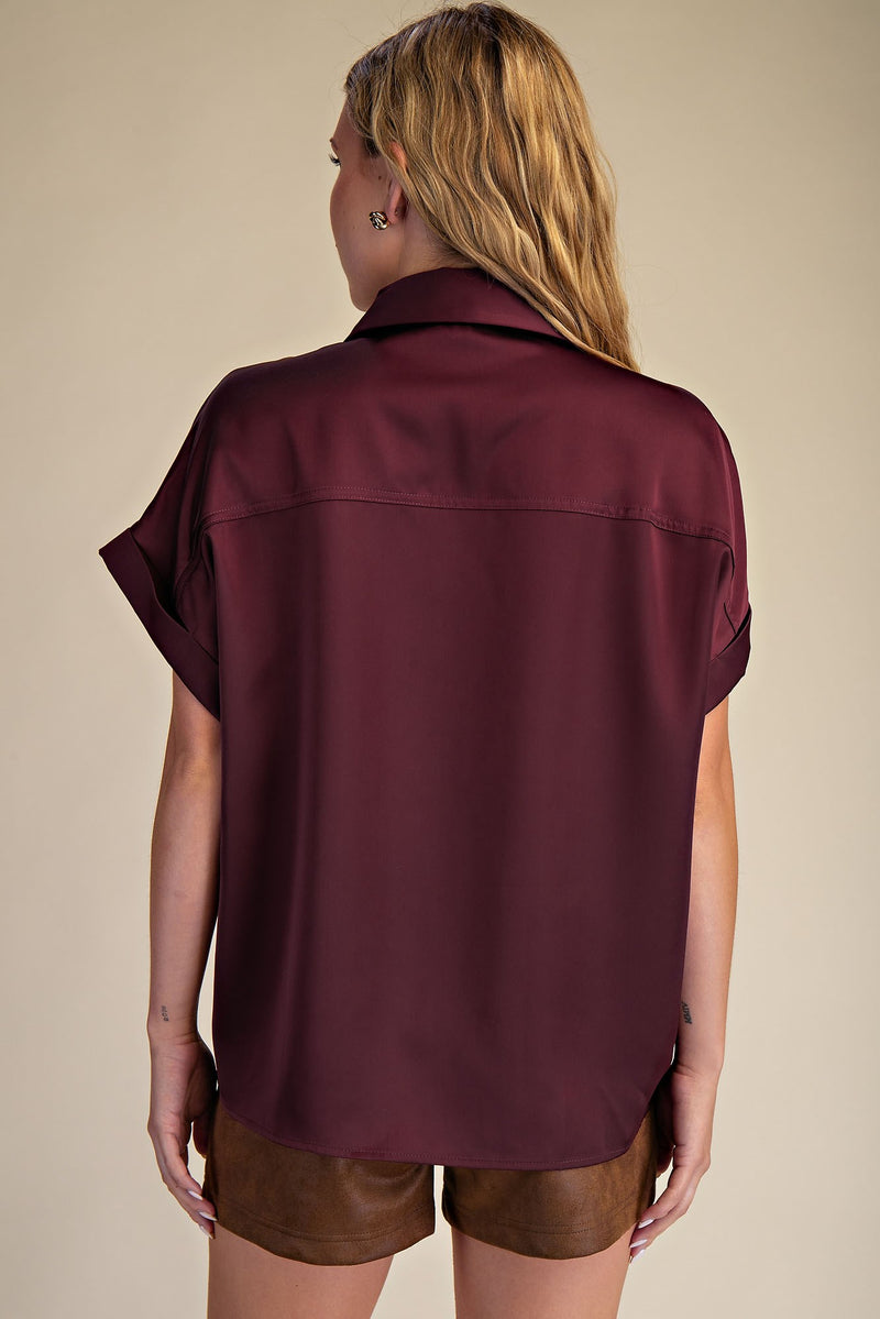 High Class Collared Satin Button Up Blouse - Burgundy