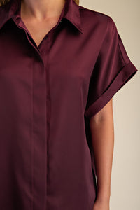 High Class Collared Satin Button Up Blouse - Burgundy