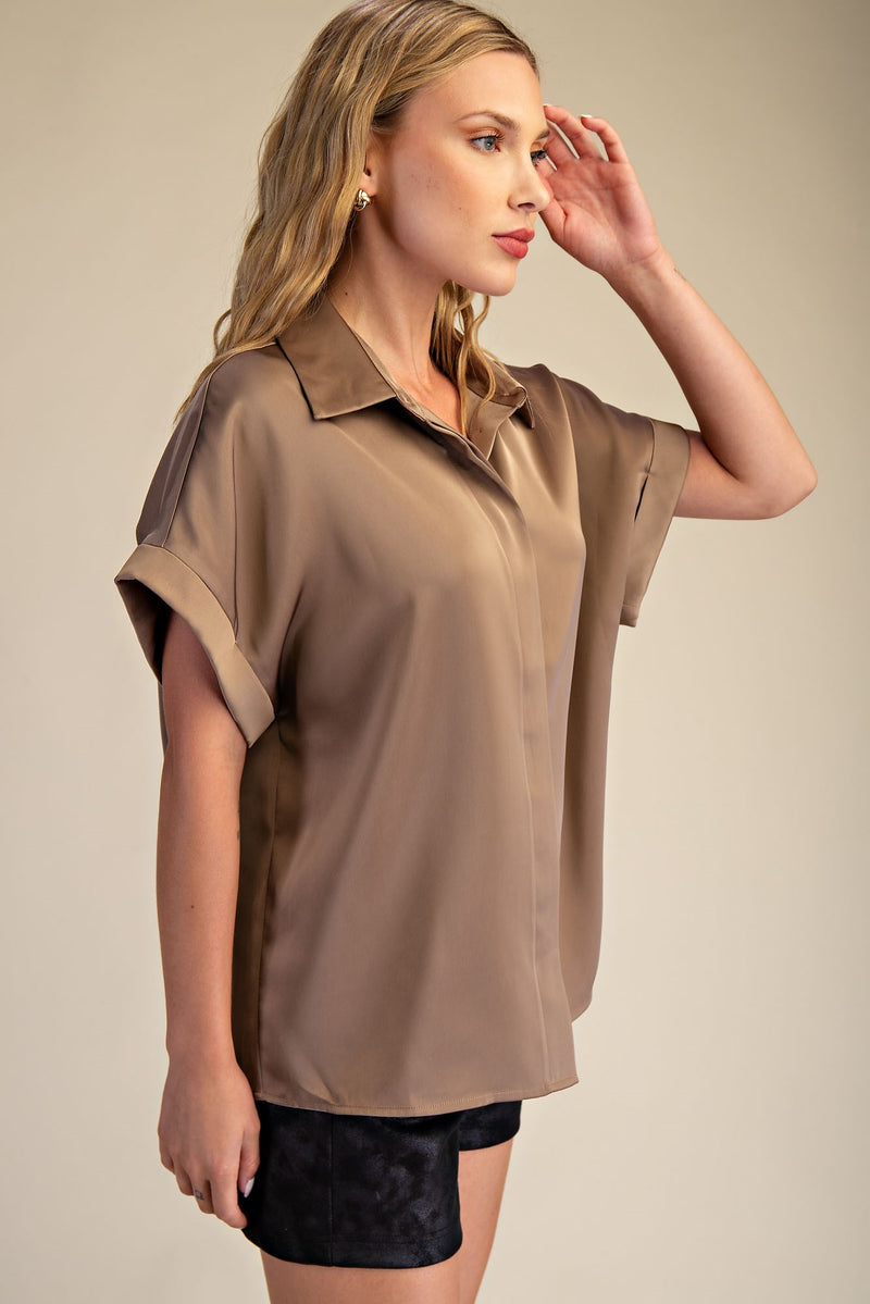 High Class Collared Satin Button Up Blouse - Mocha