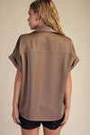 High Class Collared Satin Button Up Blouse - Mocha