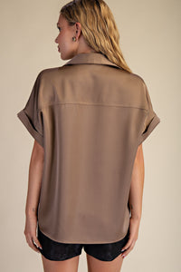 High Class Collared Satin Button Up Blouse - Mocha
