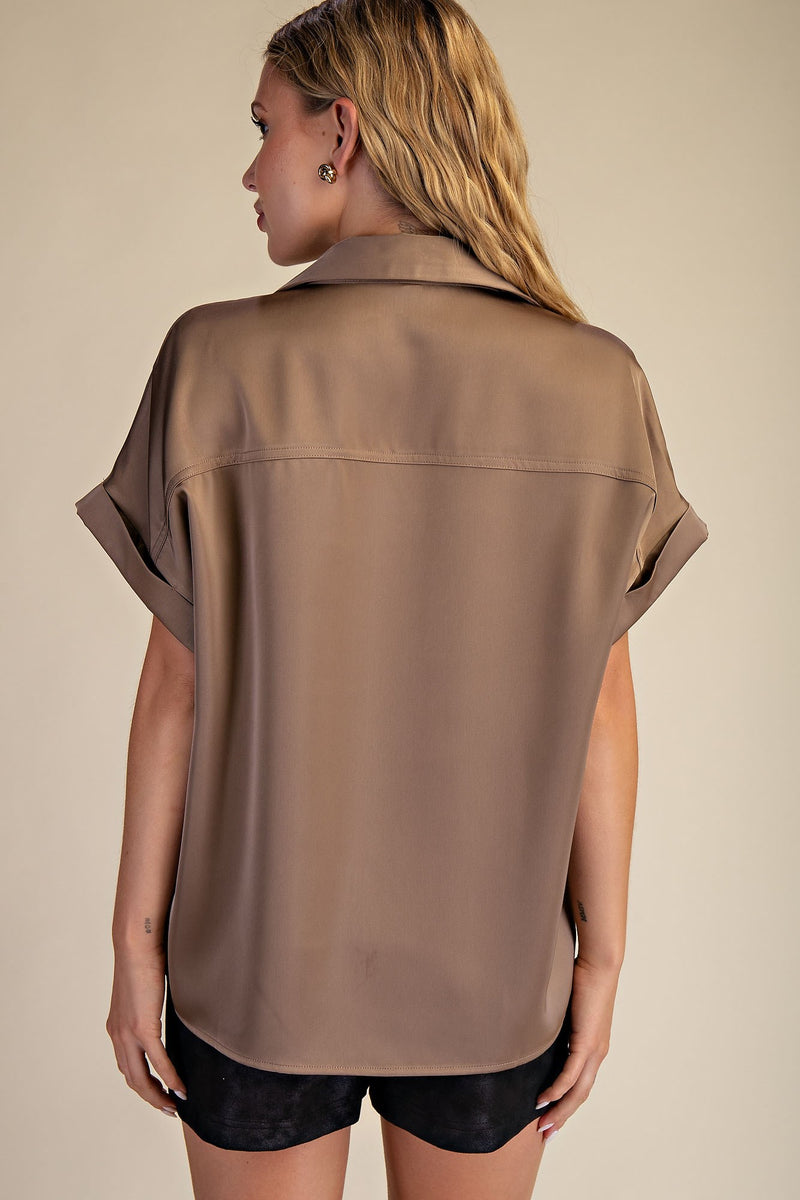 High Class Collared Satin Button Up Blouse - Mocha