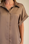 High Class Collared Satin Button Up Blouse - Mocha